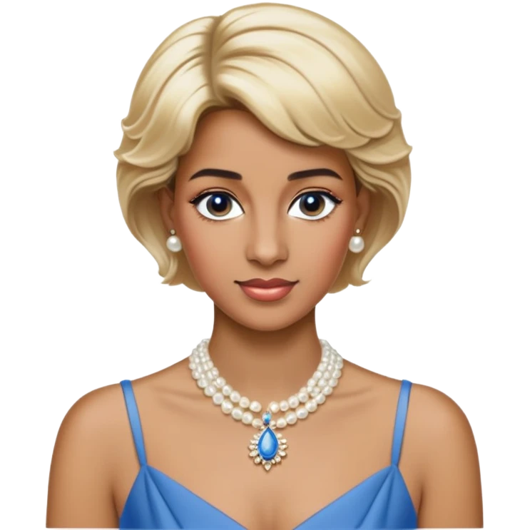 black woman with Princess Diana's iconic short blonde hairstyle, pearl necklace, and elegant blue dress emoji