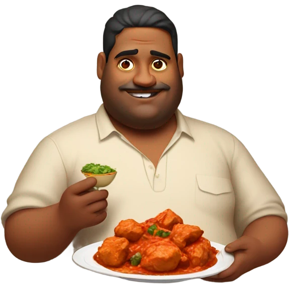 Obese vaping indian man holding chicken tikka masala emoji