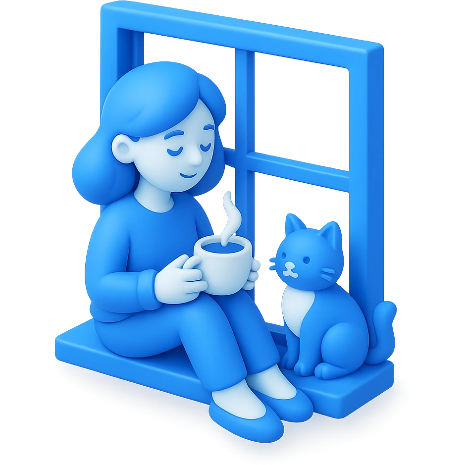 A woman sitting on a window sill, holding a cup of tea, with a cat beside her, cherry blossoms outside the window, and butterflies flying around. emoji