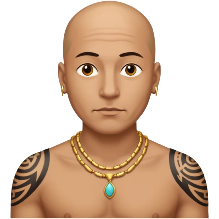 a bald man wearing necklace, having tattoo emoji