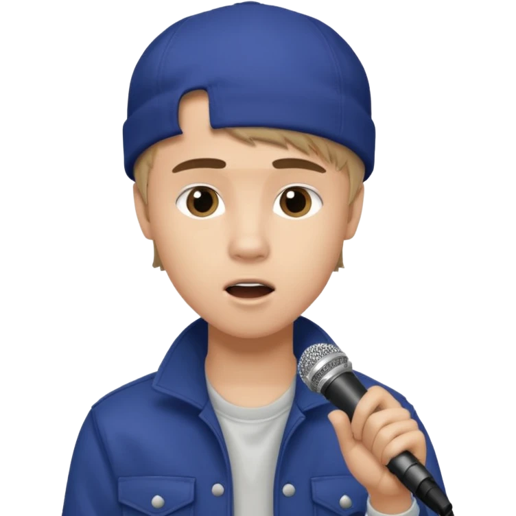 Justin Bieber, around 16, casual clothes, singing into mic emoji