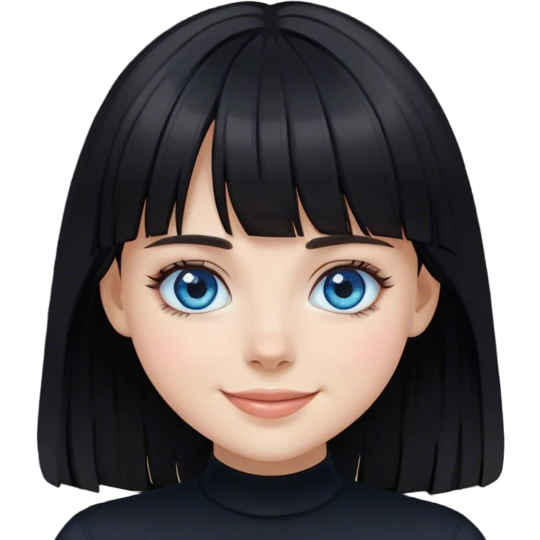 Girl smiling wearing black with black medium length hair with bangs and blue eyes emoji