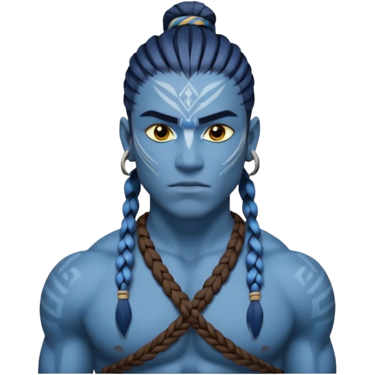 Design a Na’vi male with blue skin, tribal markings, braided hair, sharp eyes & a warrior look. emoji