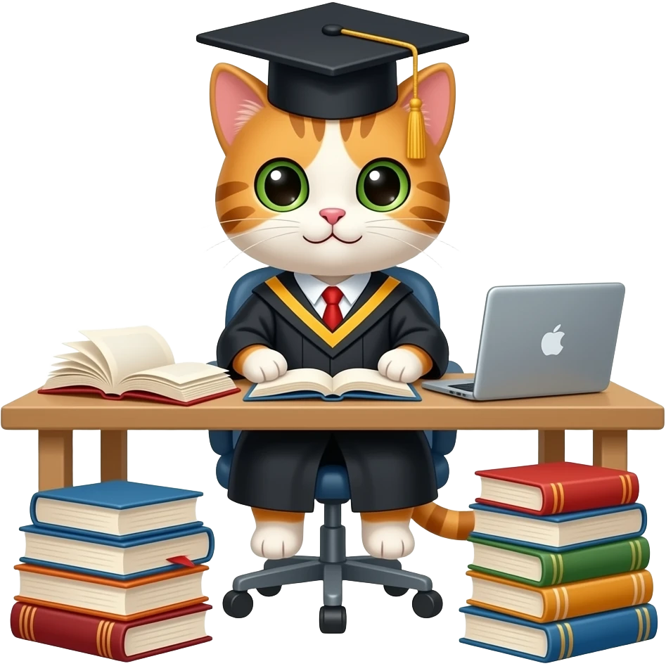 a graduate cat with books and a laptop emoji