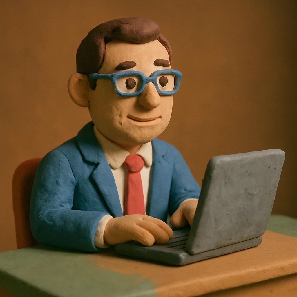 A 35-year-old male business coach sitting at a desk with a laptop emoji