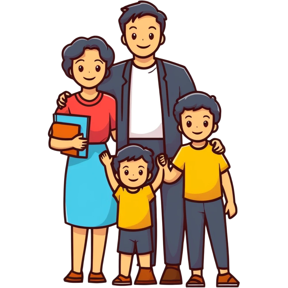 happy family: father, mother, two children, all smiling, bright colors emoji