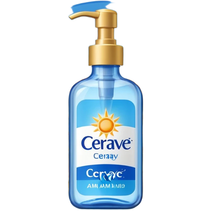 White CeraVe bottle with blue label and yellow “AM” badge, topped with a pump. Surrounded by radiant sun sparkles, soft UV-deflecting light rings, and a blue protective glow. Feels like a daytime skin shield potion in a sleek, glossy bottle. emoji