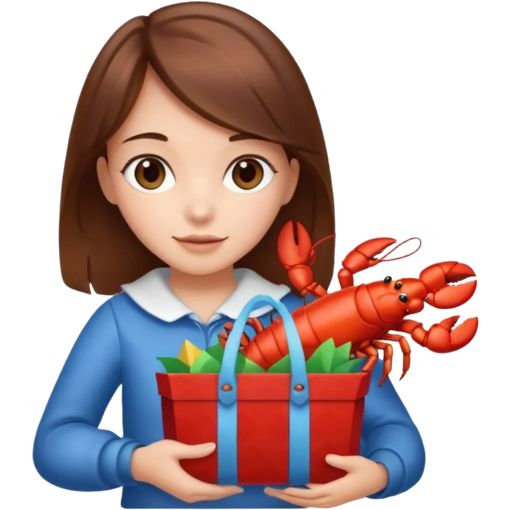 Cute girl brown hair holding gift bag with lobster inside emoji
