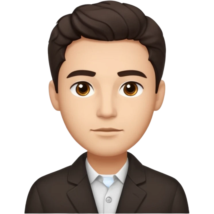 He’s a man with light to medium skin, a defined oval face, full brows, deep-set eyes, and wavy short dark brown hair styled with height, sides are trimmed. expression calm and focused relaxed black open-collar .polished, articulate, and coach vibe. emoji