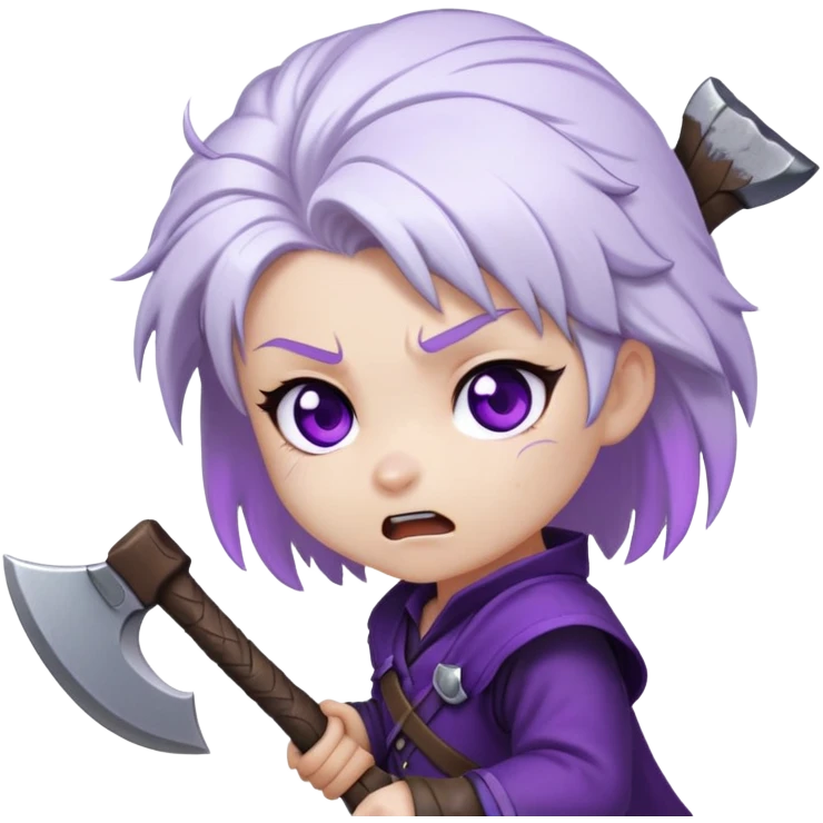 Chibi Sable Ward being hit on the head with a small axe, caught in the act look, white hair with purple streaks, fully purple eyes, dizzy expression emoji