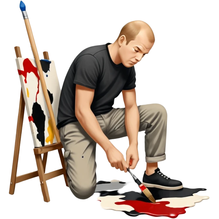 Jackson pollock the abstract artist leaning over to flick black white and red paint from a brush onto a canvas at his feet emoji