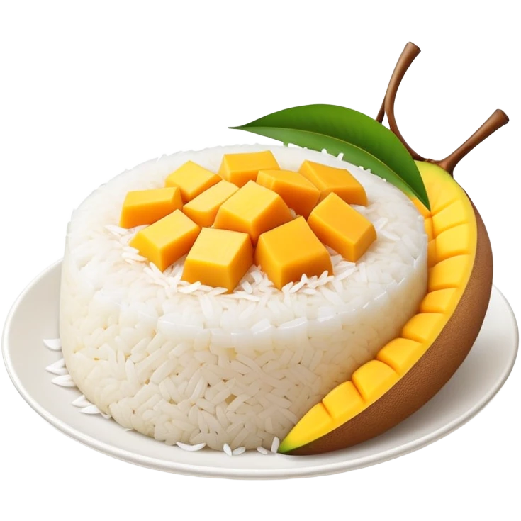 cinematic-realistic-mango-sticky-rice-dessert-emoji,-showcasing-sweet-sticky-rice out of a mould-paired-with-ripe-mango-slices-and-coconut-milk-rendered-with-lifelike-detail-and-warm,-inviting-lighting with the coconut  milk over the rice emoji