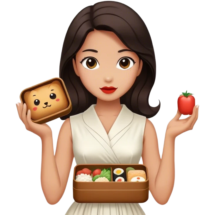 Beautiful woman in 1950’s woman fashion look, white dress, long dark brown hair, Japanese bento emoji