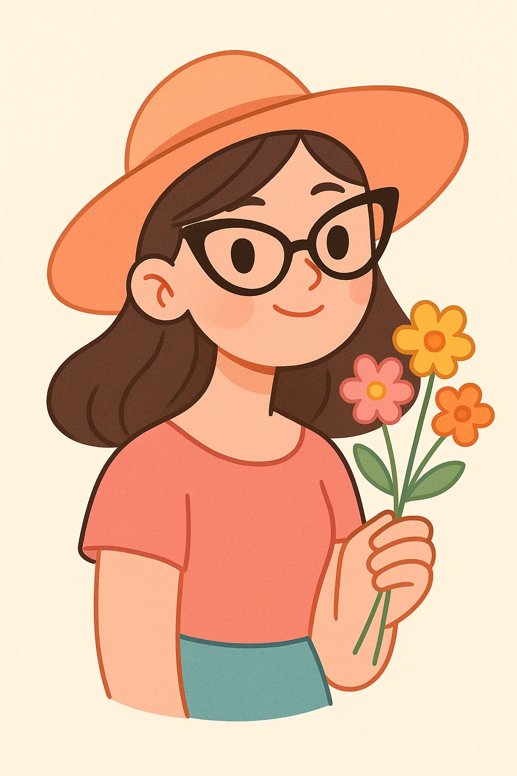 a girl with an oval face, cat eye specs, a wide-brimmed hat, and flowers in her hand, soft pastel illustration style emoji