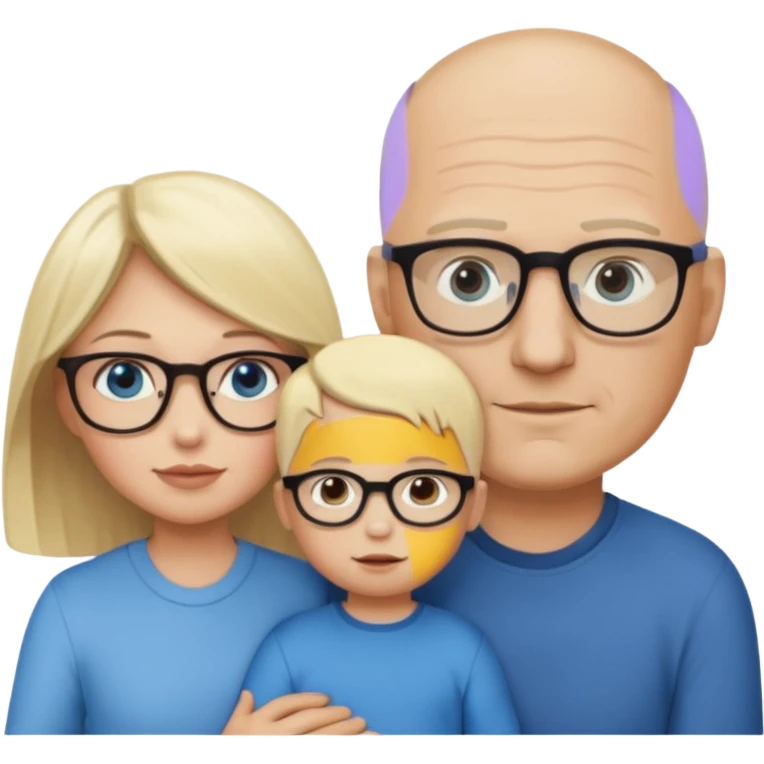 Eigene Familienbild mit 3 Personen; Mutter dunkle Augen und dunkle lange Haare mit Brille; Vater mit Glatze und Blaue Auge, kleinkind mit blonden Haaren und dunklen Augen emoji