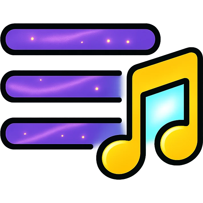 playlist icon with horizontal lines and musical note, lines with purple galactic flow effect, musical note with neon glow emoji