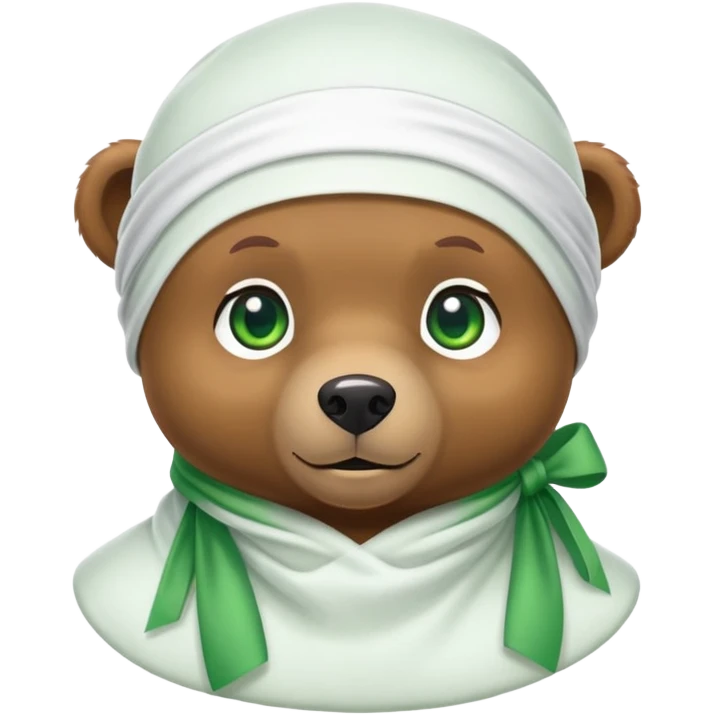 Adorable small brown bear face with green eyes wearing a white silk durag tied at the back, urban style, iOS emoji style emoji