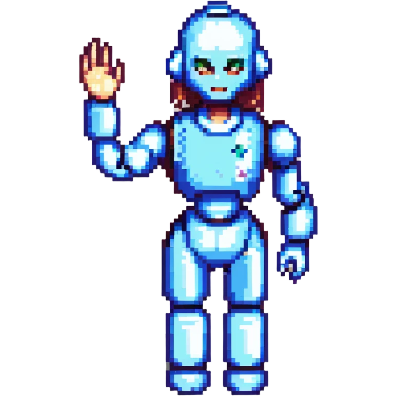 shoulders-up portrait of a cute female recruiter robot, 8-bit pixel art style, metallic, talking, one hand in the air as if presenting emoji