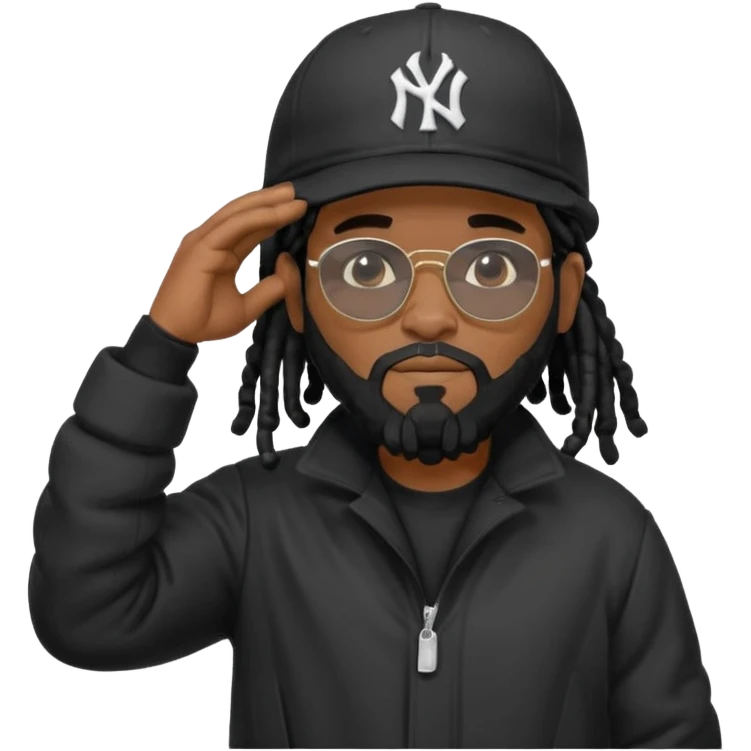 African American man with shoulder length black dreadlocks with black beard wearing black sunglasses wearing a black bubble winter coat wearing a New York Yankees baseball hat with his hands on top of head in thinking position emoji