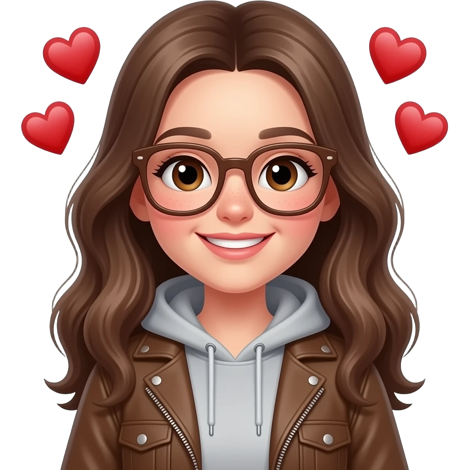 a 19-year-old girl with dimples, red cheeks, a cute pink smile, large square brown glasses, a happy face with hearts around her, a gray hoodie, a long brown wavy jacket, the parted hair in the middle emoji