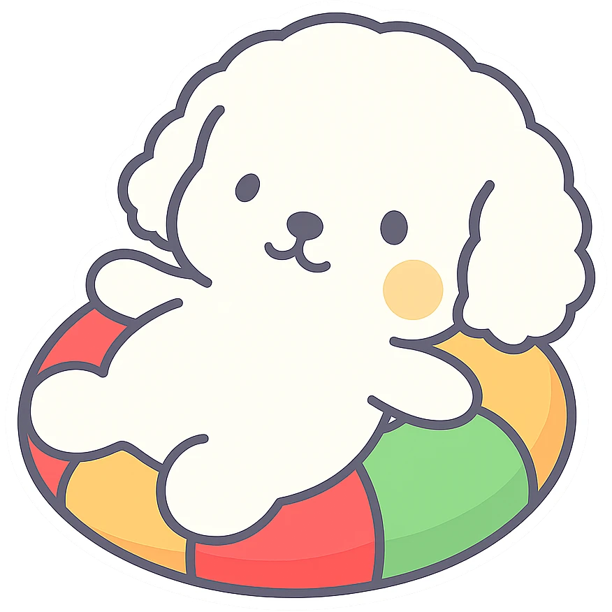 Place the character on top of a colorful float ring (boia) while maintaining the cute style and soft colors. The background should be transparent for a WhatsApp sticker. emoji