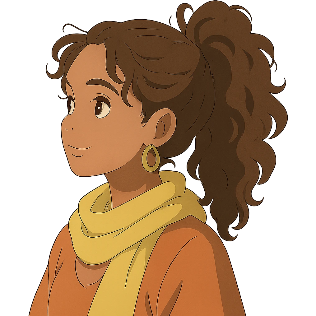 bohemian style girl with brown skin, long brown curly hair tied high, wearing a lemon yellow scarf and round earrings emoji