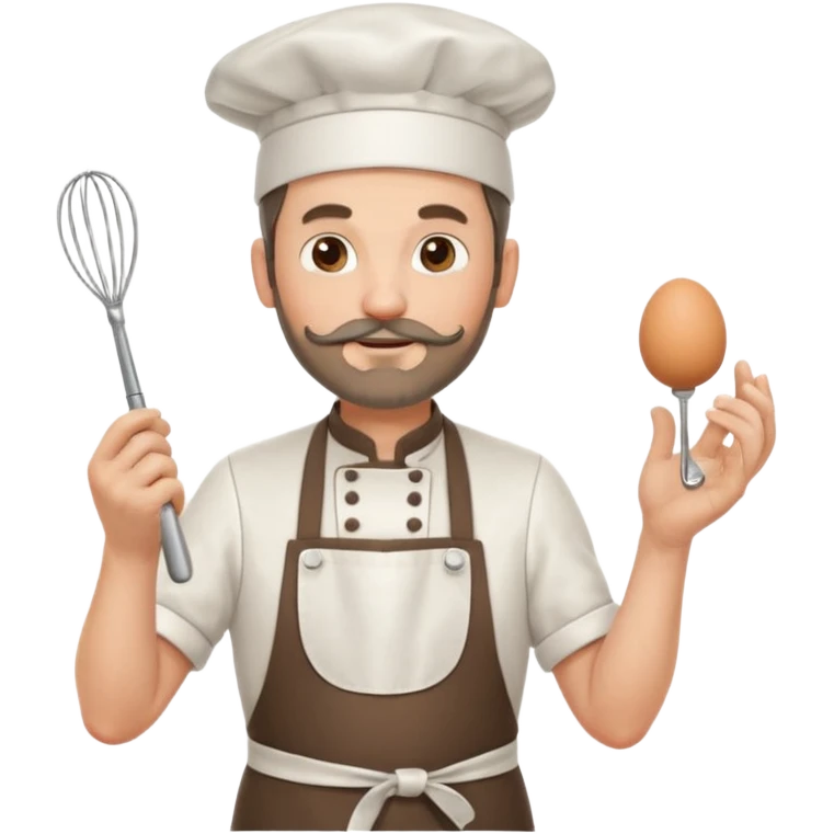 Middle aged male pastry chef - with a small beard, apron, white hat, holding an egg beater in his right hand, and his left hand naturally hanging down to his side emoji