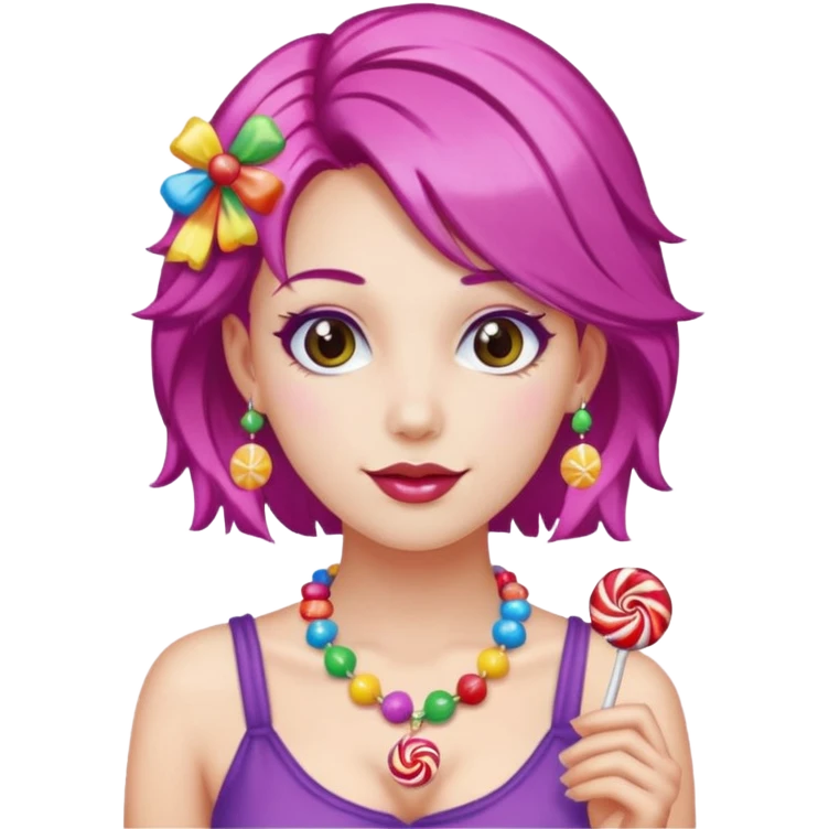 colorful hair woman with candy accessories, not holding a candy emoji