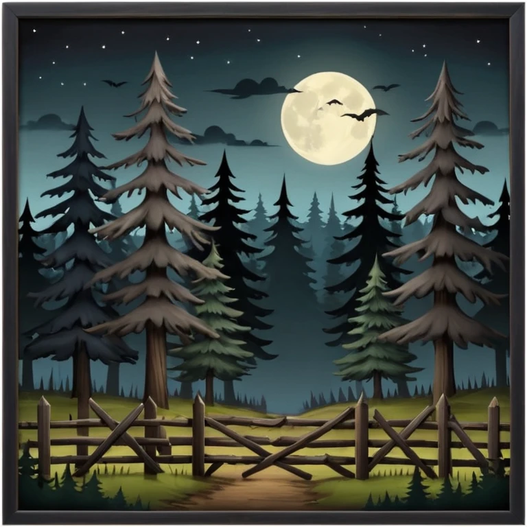 a dark, brooding forest at night, with large looming fir trees. in front of the forest is a dilapidated old farm fence. emoji