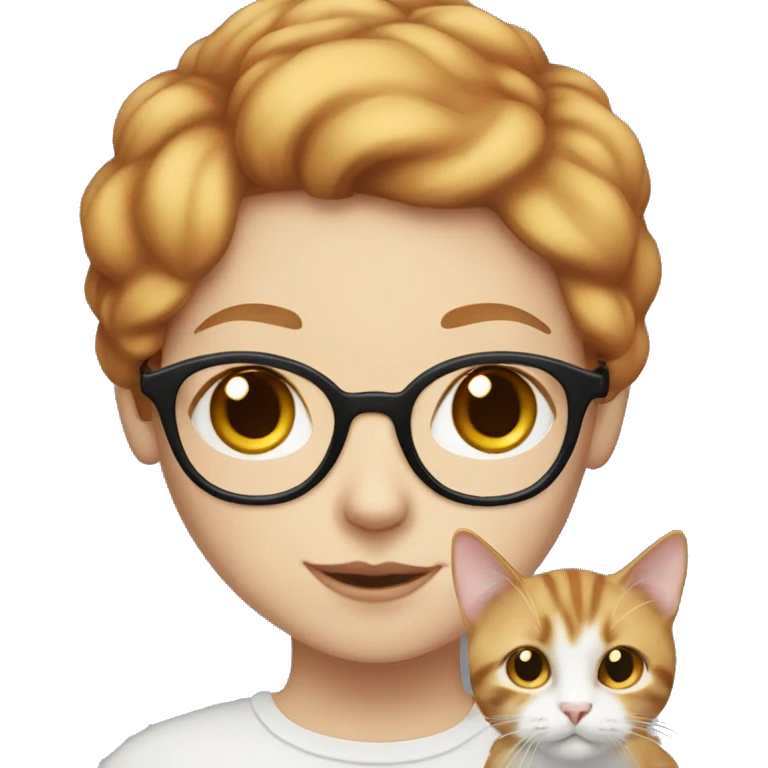 White skin, short strawberry-blonde haired girl with glasses holding calico cat emoji