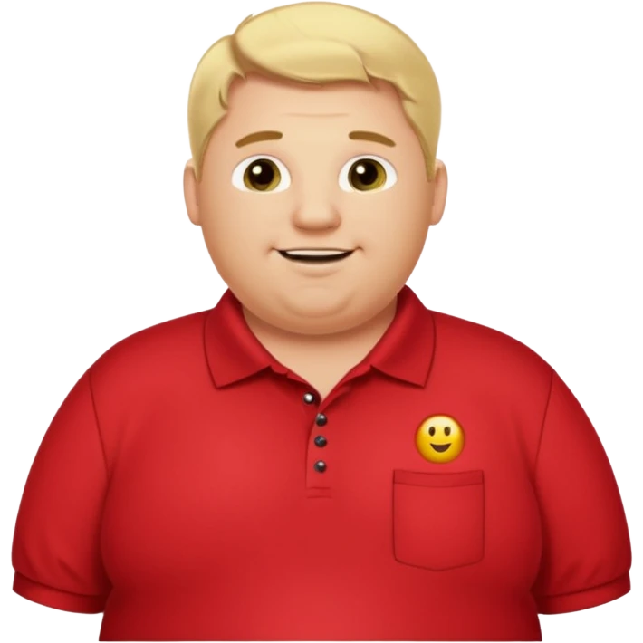 Fat blonde man missing front teeth in red polo and black pants with a text bubble saying hi I’m Preston the alignment tech  emoji