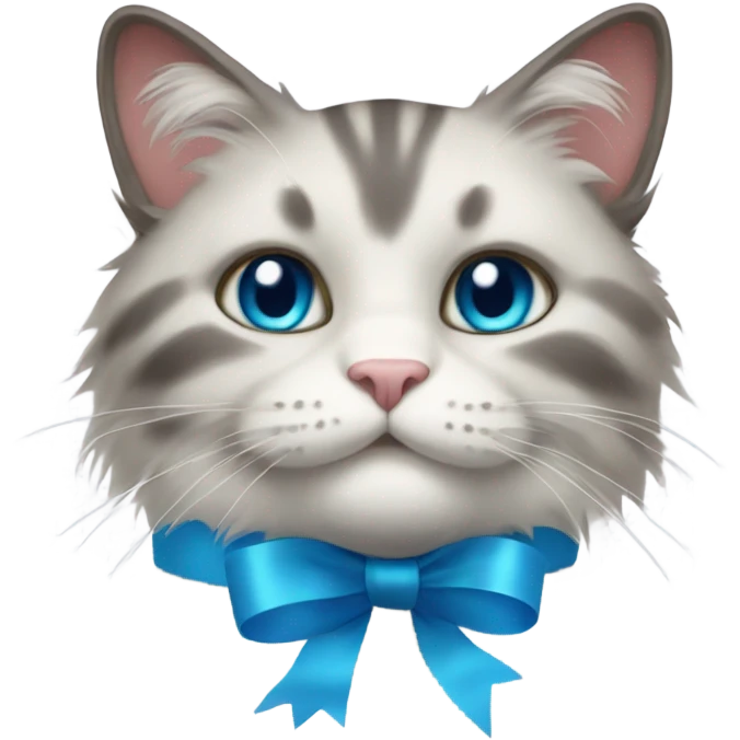 Thick fur cat with soft blue ribbon emoji