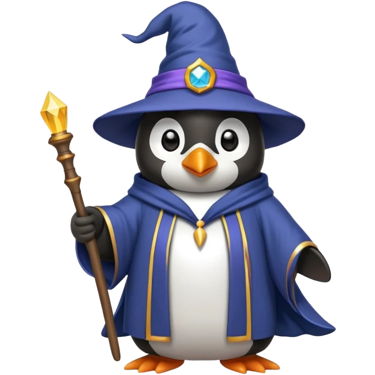 penguin wearing a wizard hat and robe, holding a magic wand emoji