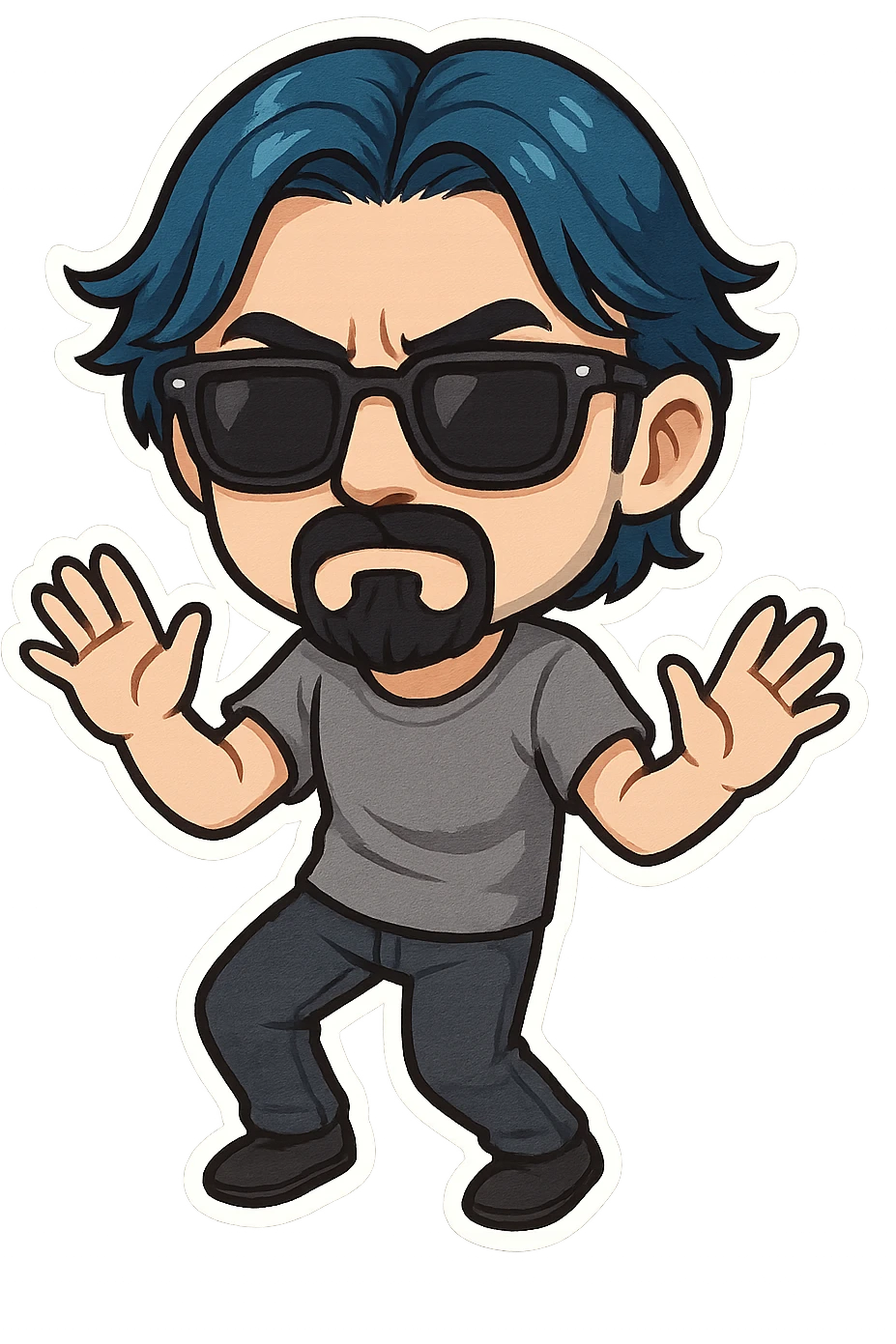 a dark brooding hipster with electric dark blue hair, surfer middle part, chin length hair, classic neat trimmed bushy goatee, black classic rayban shades, plain gray t-shirt, doing the gimmie dance, maniac dance, 1980's dance emoji