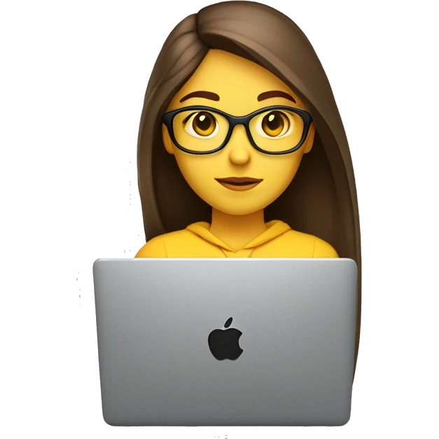 front view,white pretty female coder with apple laptop in front of her, very long straight brown hair, brown eyes, facing the right side looking at the laptop, yellow sweatshirt, transperant glasses emoji
