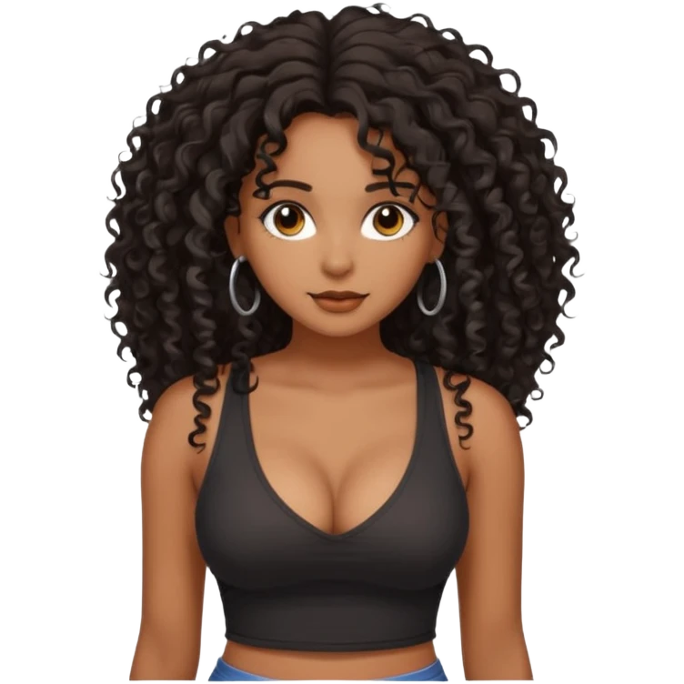 brown skinned lady with curly black hair long hair, messy, nice curves, busty, low cut tank top emoji