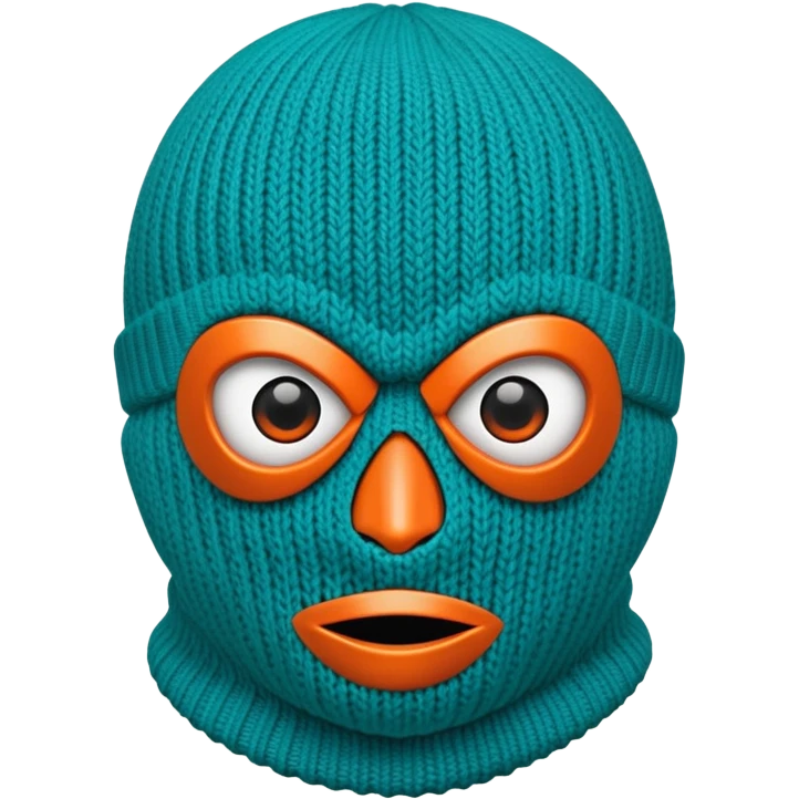 teal and orange ski mask with evil eyes emoji