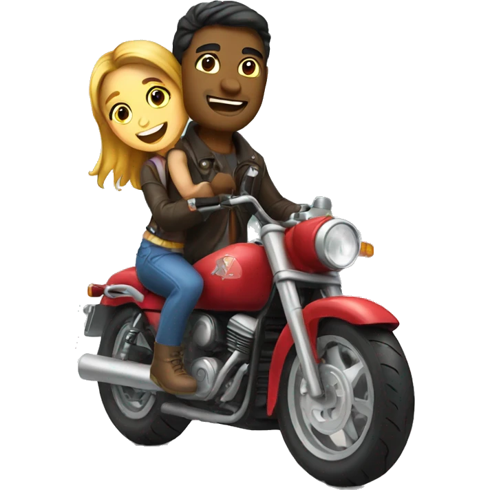 A guy on a motorcycle with a girl backpack emoji