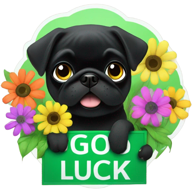 Black pug , surrounded by flowers, holding a green sign that says “good luck”  emoji
