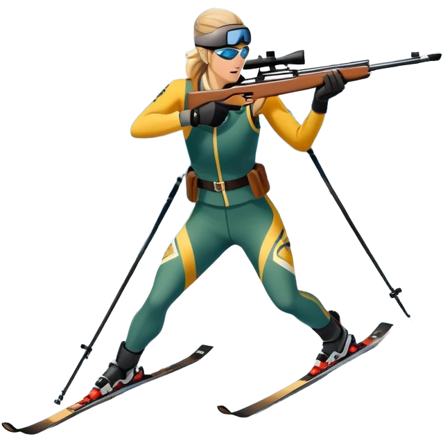 An icon featuring snow-covered trees, distant mountains, and a clear blue sky with a biathlete in motion, holding a rifle and skiing across a snowy course. Transparent background highlights the precision, endurance, and excitement of biathlon. emoji