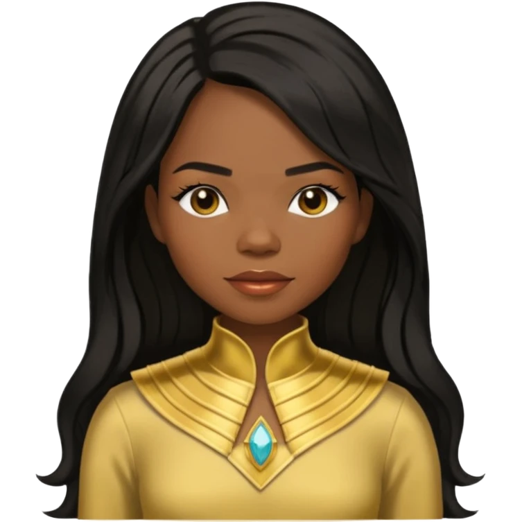 Michelle Williams from Destiny's Child with dark skin ,black long hair, gold outfit emoji