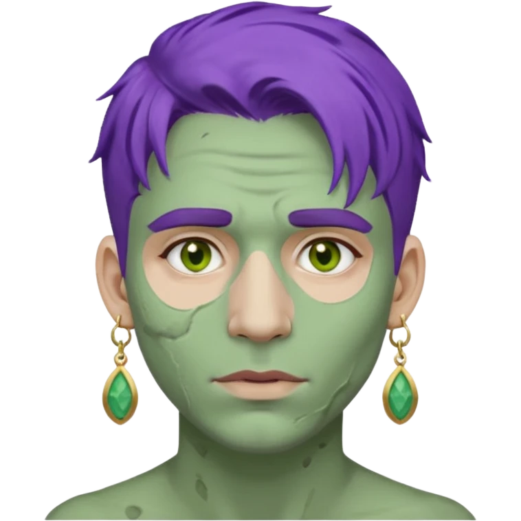 purple haired man with full full face dirty messy green clay mask and earrings emoji