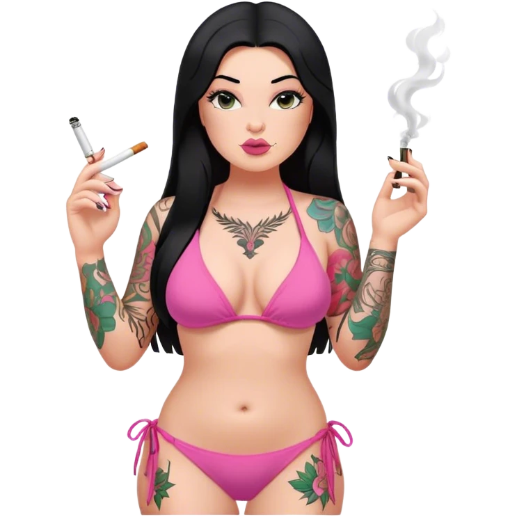 caucasian curvy girl, with tattoos, in pink bikini, smoking, with a long straight black hair  emoji