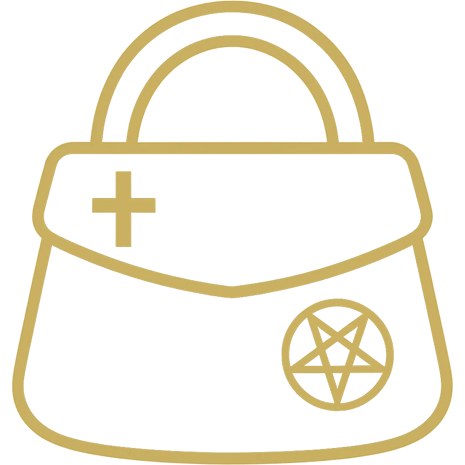 Create a stylish minimal gothic purse in gold and black colors. The purse should be minimalistic, without kawaii or cartoonish features such as big eyes. Include one or two simple gothic symbols. The background should be removed, leaving only the purse visible. emoji