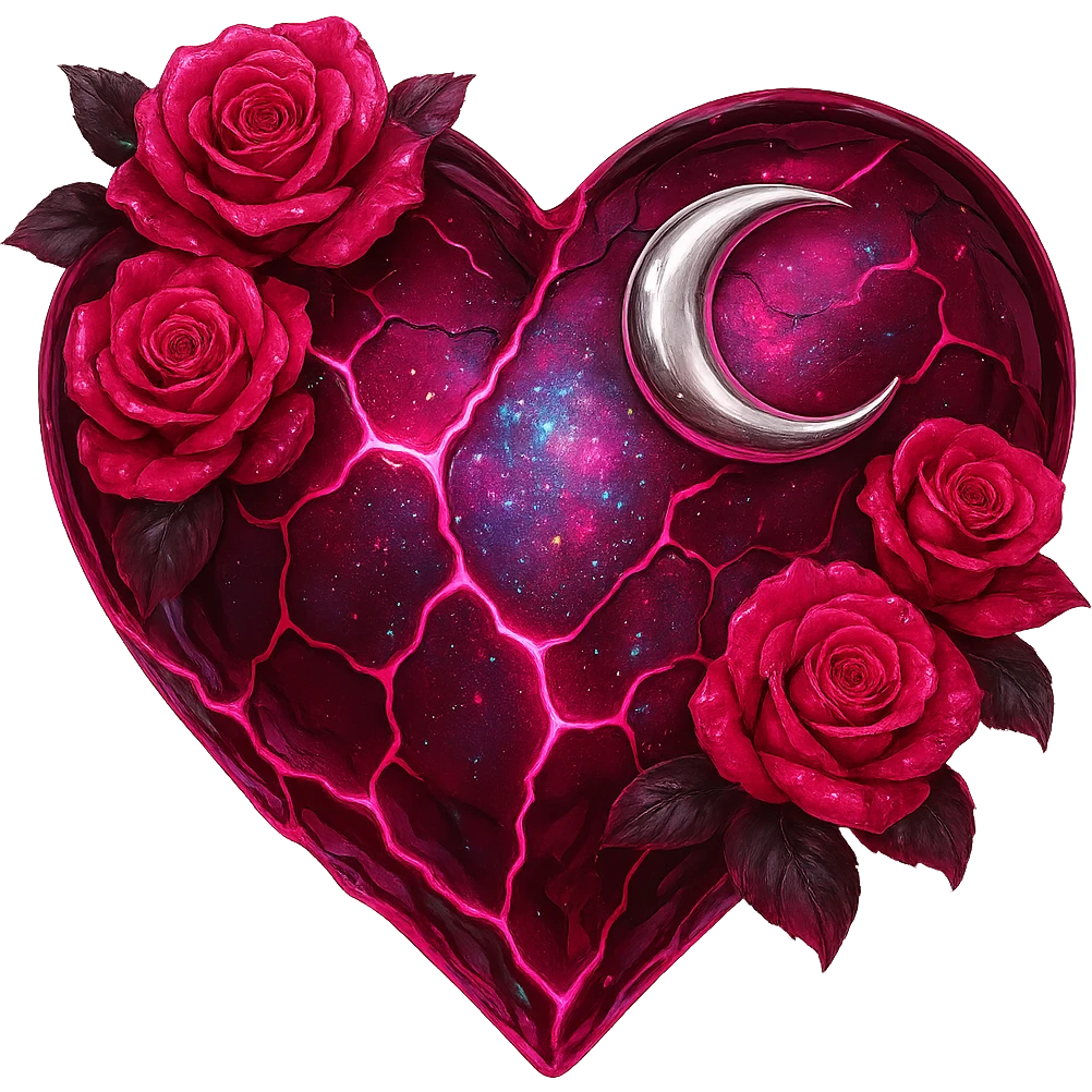 Edit the gothic heart to have cracked deep pink glass, silver crescent moon, pink roses, shimmering holographic stardust, neon lightning accents, and a glossy wet appearance. Keep the background transparent. emoji