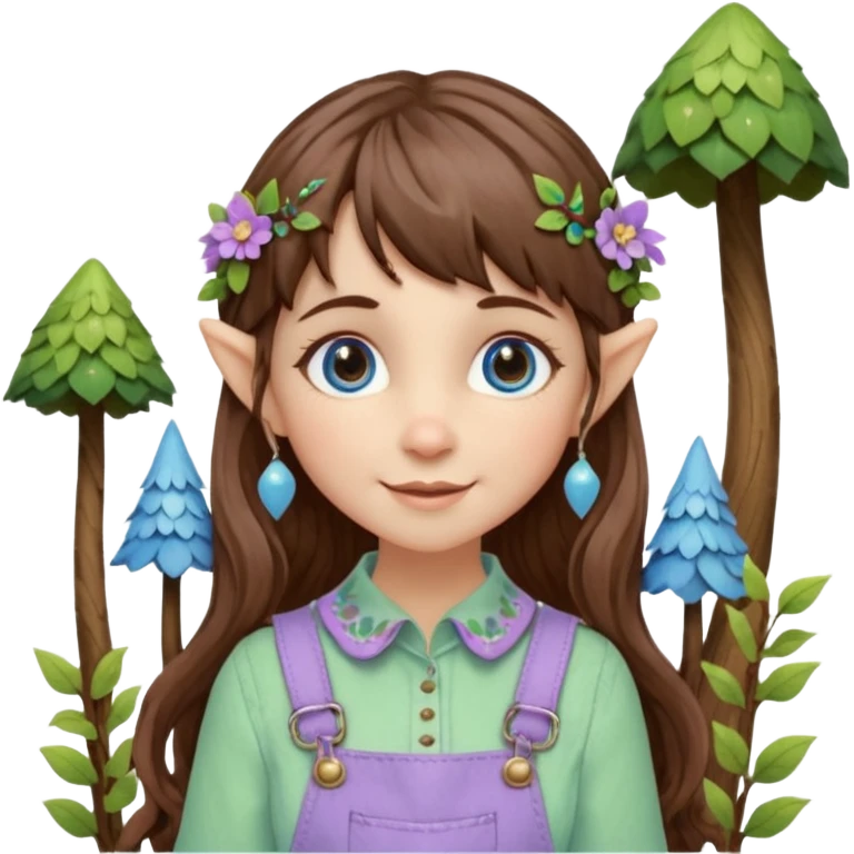 Kind happy whimsical quirky Girl toymaker, wood carving elf. Woodland nature creator. Blue eyes. brown hair (short — inch longer than chin length) wavy hair & bangs. Whimsical playful cute. Overalls with nature embroidered cute shirt collar. Light green, light purple and light blue colour aesthetic  emoji