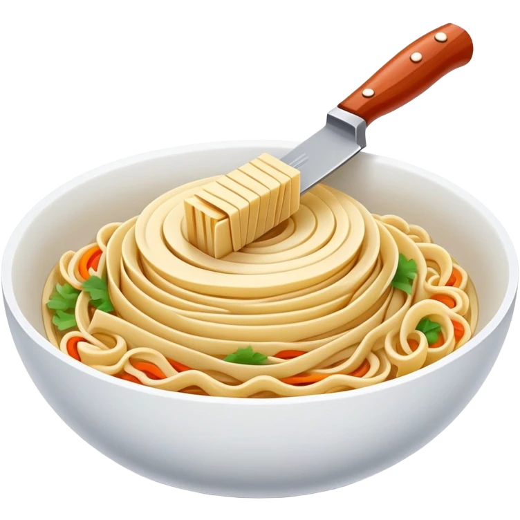 Shanxi knife-cut noodles with irregular thick shape being sliced, simplified emoji style with bold outlines and bright colors, cartoon style traditional Dao Xiao Mian emoji
