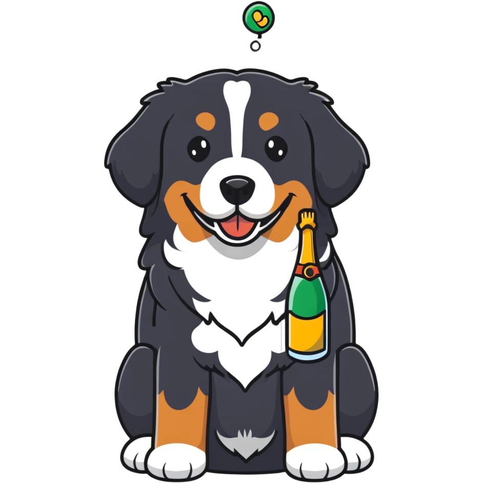 bernese mountain dog with a toy champagne bottle in its mouth emoji