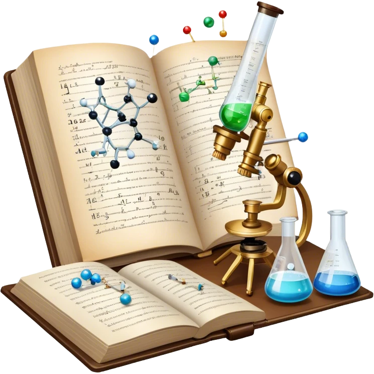 Icon for Scientific and Educational Reading: an open book with mathematical and physical formulas on the pages, with molecules and atoms flying out. On the desk are test tubes, flasks, and a microscope. Transparent background. emoji