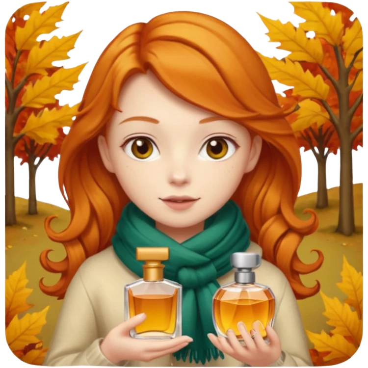 Ginger girl , cute, perfume in her hand, in autumn  emoji